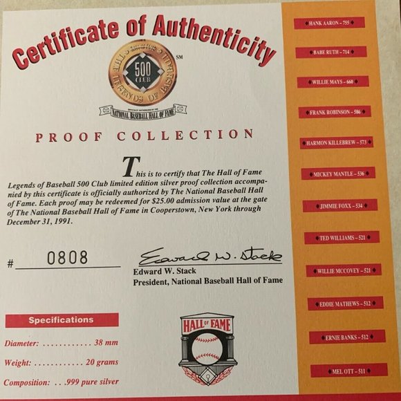 Hall of Fame Legends of Baseball 500HR .999 Silver Coin Set - Picture 5 of 7